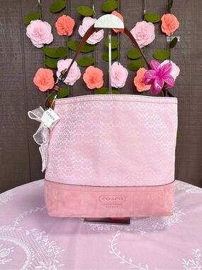 Coach Pink Suede & Signature Jacquard Shoulder Bag with Brown Leather Strap
